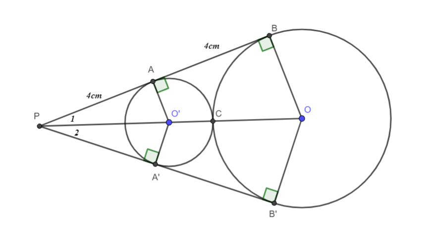 Cho hai đường tròn (O; R) và (O’; r) tiếp xúc ngoài (R > r). Hai tiếp tuyến chung AB và A’B’